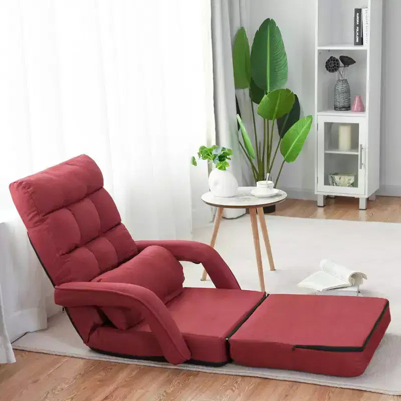 Chaise longue de sol pliable rouge avec oreiller, 5 positions, 1 personne