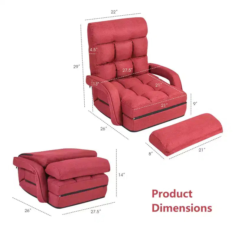 Chaise longue de sol pliable rouge avec oreiller, 5 positions, 1 personne