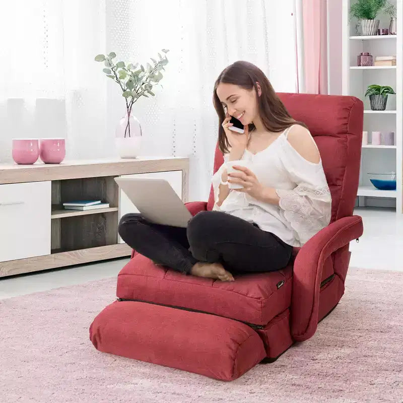 Chaise longue de sol pliable rouge avec oreiller, 5 positions, 1 personne