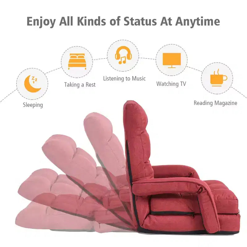 Chaise longue de sol pliable rouge avec oreiller, 5 positions, 1 personne